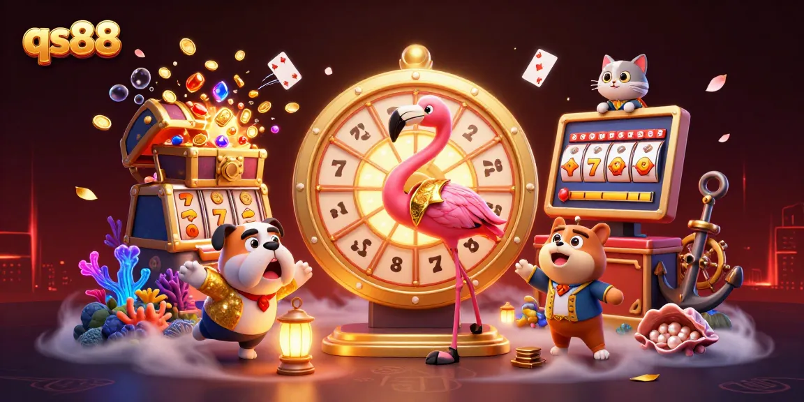 qs88 spins the prize wheel with excitement in a vibrant casino illustration packed with action and rewards