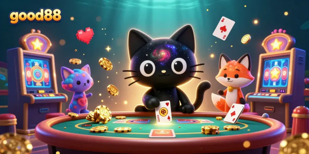 Join the cosmic fun at good88 with a black hole cat and nebula fox surrounded by colorful casino games.