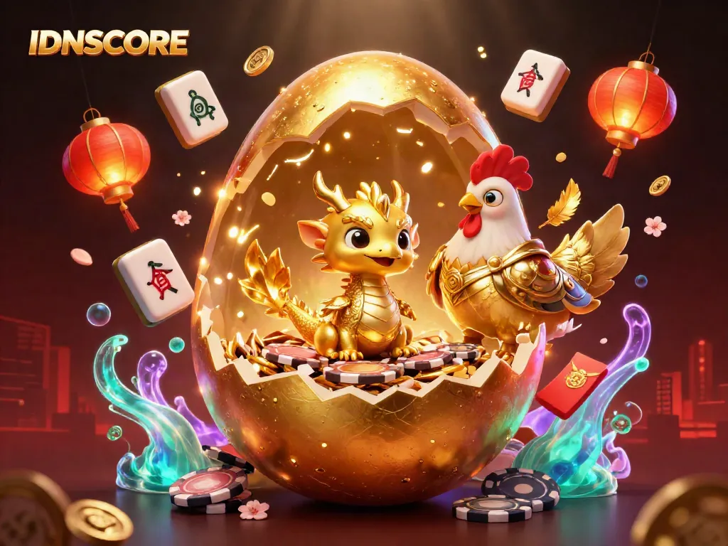 Experience thrilling wins with IDNSCORE's vibrant casino world featuring a dragon and poker chips.