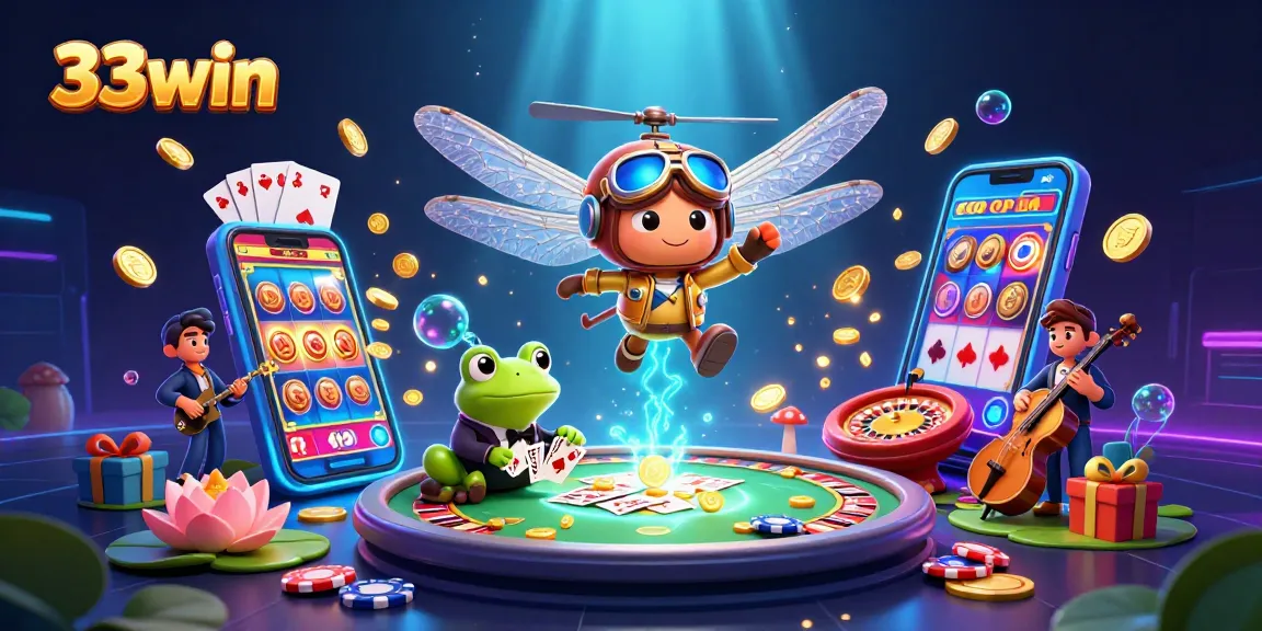 33win offers thrilling card dealing experiences embodied by a dragonfly pilot and frog croupier.