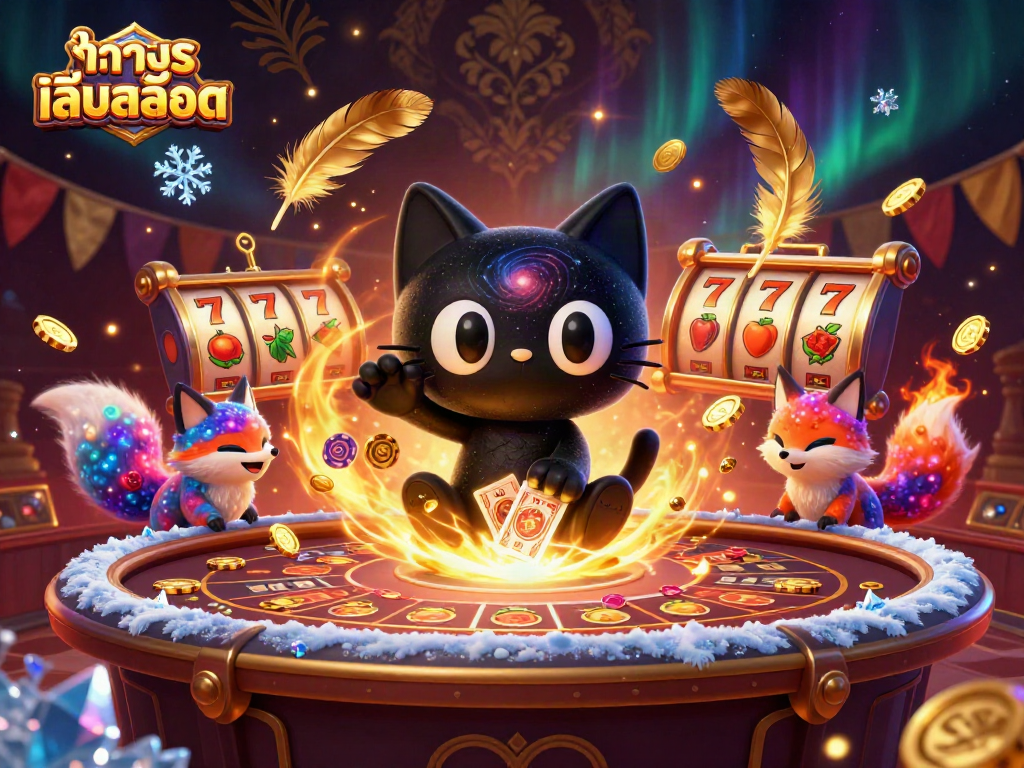 Experience ทดลองเล่นสล็อต at a cosmic casino table with a black hole cat pulling in golden chips.
