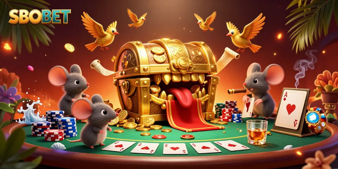 Pemain SBOBET bersemangat mencoba peruntungan di meja poker dengan karakter unik, dikelilingi permainan menarik.