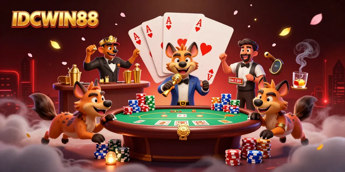 Experience fun with IDCWIN88 hyena characters in a lively casino setting filled with games and vibrant details.