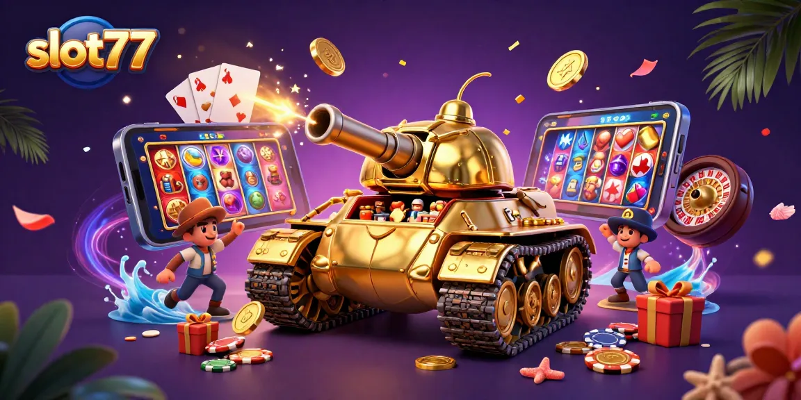 Spin the reels of slot77 in an exciting casino atmosphere filled with coins and cards!