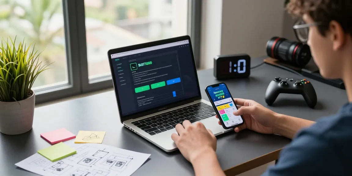 Slot7000 mobile app development scene showcasing a sleek workspace with a developer using a laptop, gaming elements, and natural light.