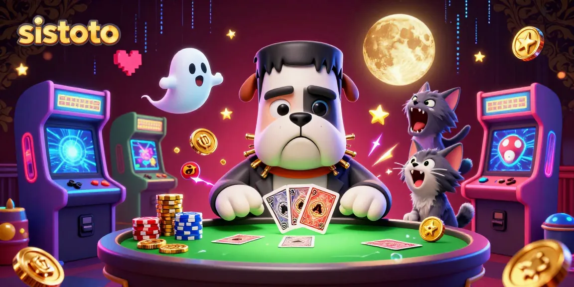 Permainan kartu di SISTOTO oleh monster bulldog dengan sentuhan Halloween, bersama karakter lucu lainnya.