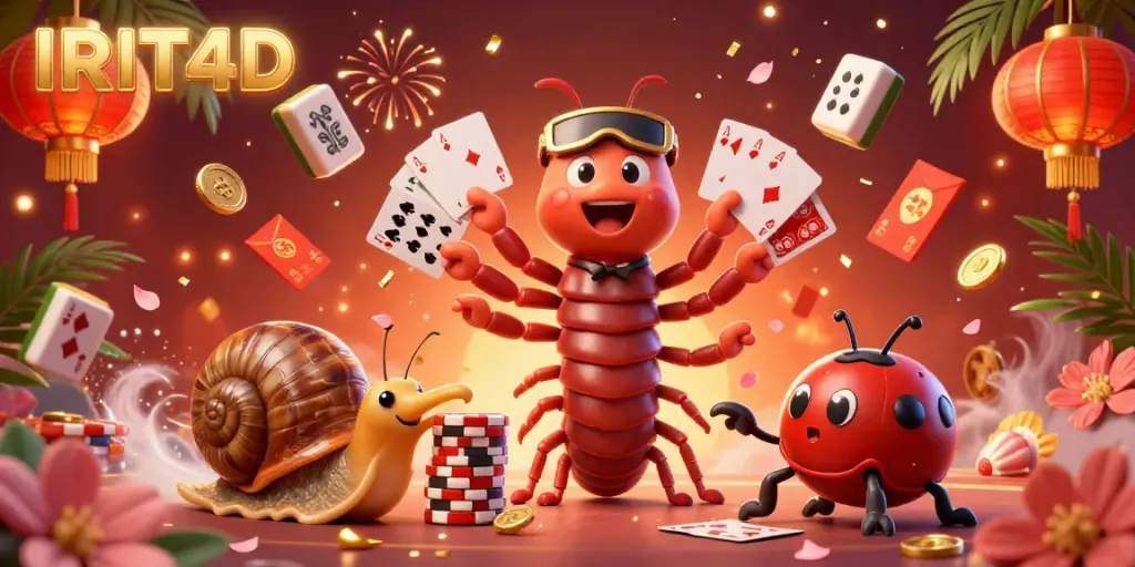 Experience thrilling gameplay at IRIT4D with dynamic 3D illustrations of a playful millipede dealer and vibrant casino elements.