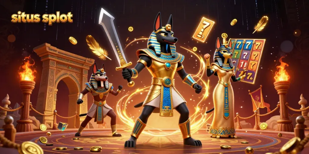 Ilustrasi situs slot menampilkan karakter mesir kuno Anubis dan Bastet dikelilingi elemen kasino.