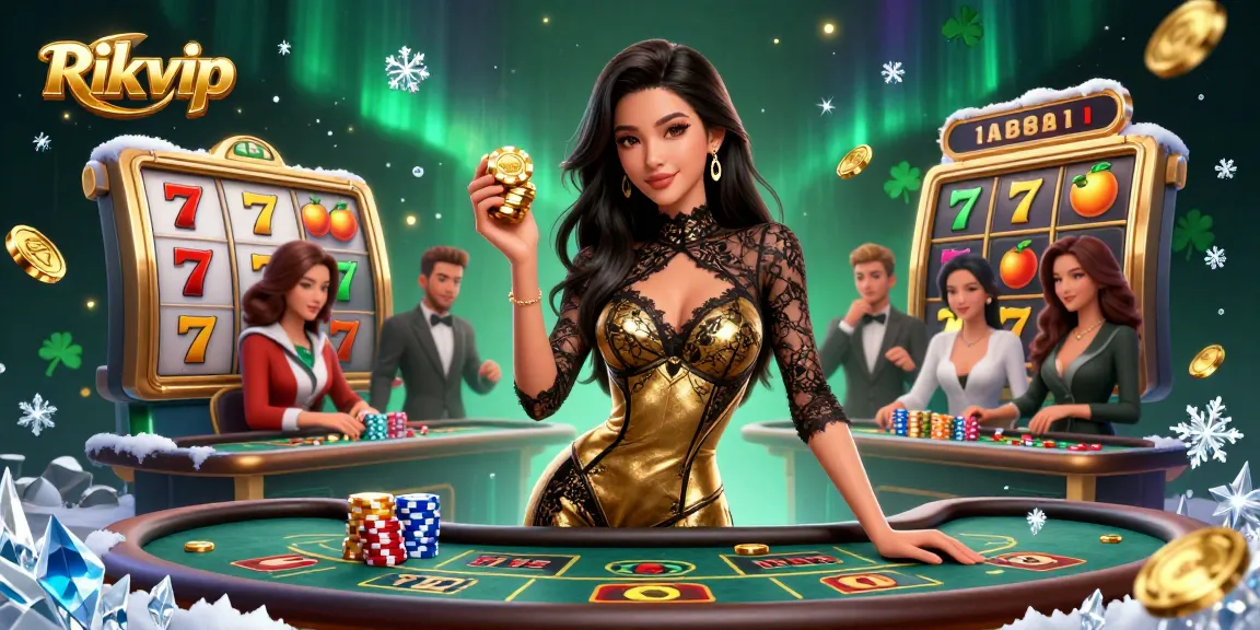 Engage in high-stakes baccarat at Rikvip with glamorous gameplay and golden casino chips.