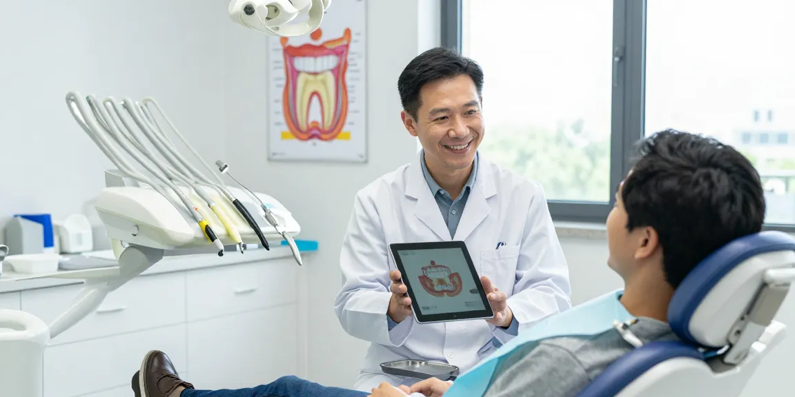 Friendly dentist consulting with a patient in our site’s modern dental clinic, showcasing a bright and inviting atmosphere.