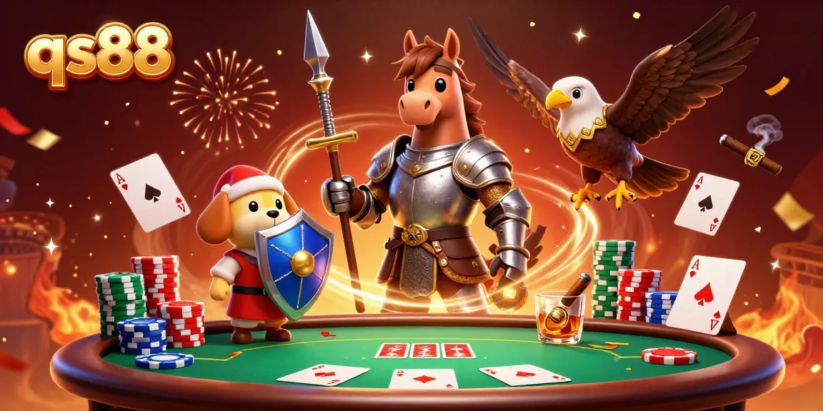 Experience thrilling gaming with qs88 at a vivid casino scene featuring knights and poker elements.