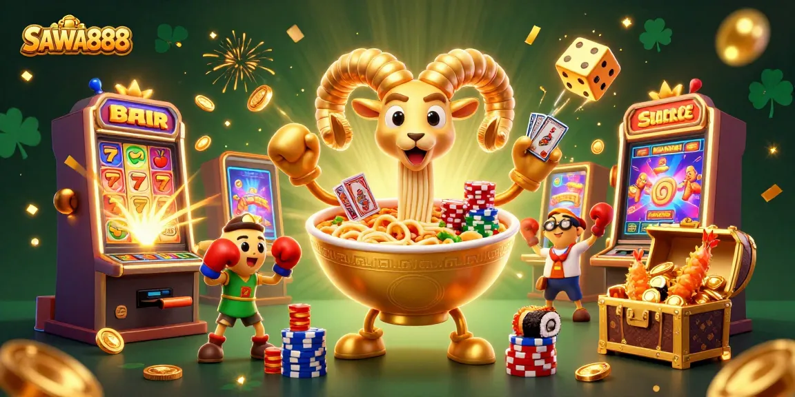 SAWA888 showcases a vibrant and exciting casino atmosphere with characters dealing cards and bursting slot machines.