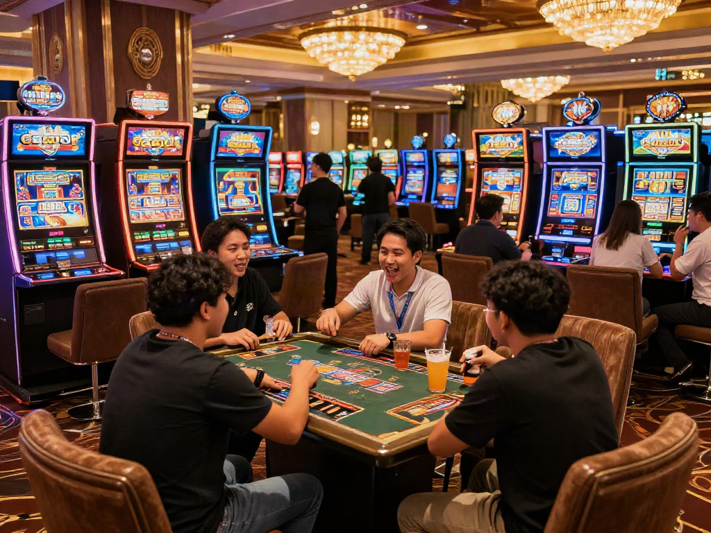 Group enjoying slot gacor 4d game in a lively casino atmosphere.