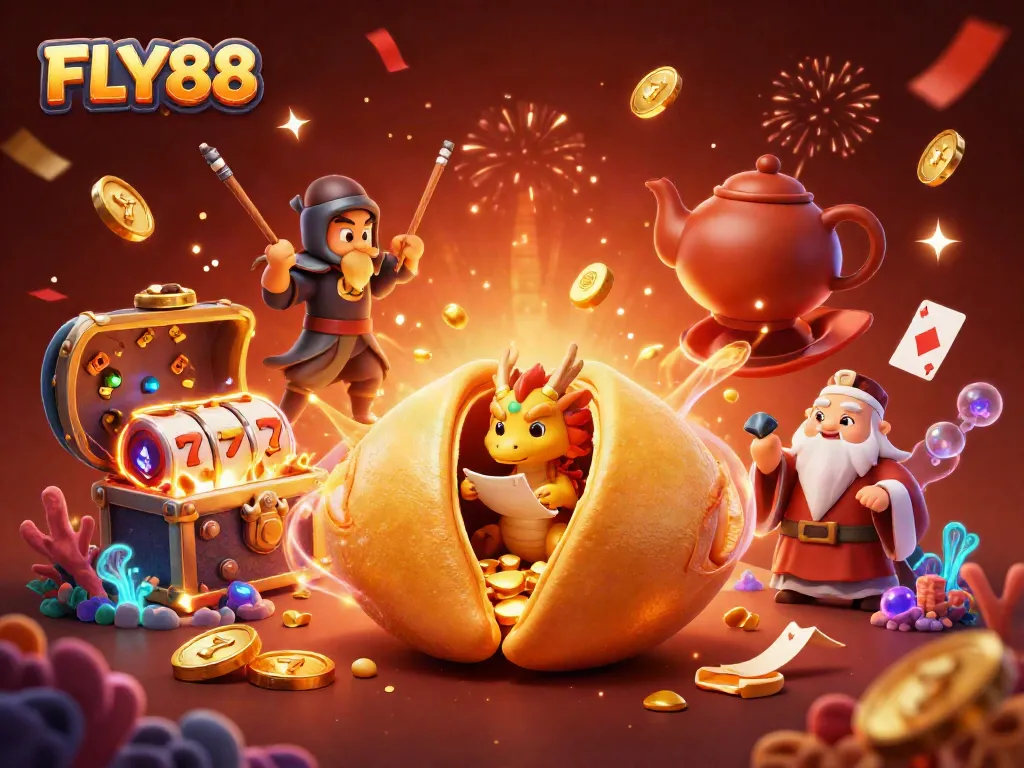 FLY88 Fortune cookie scene showcasing unique characters surrounded by exciting casino elements for immersive gaming.