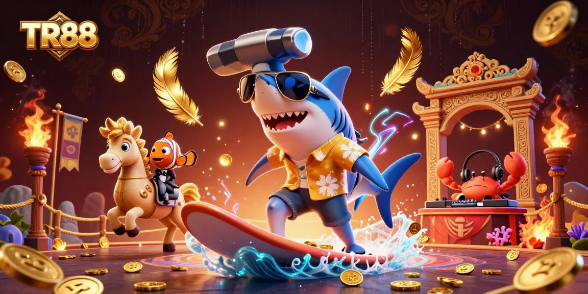 Experience TR88’s thrilling underwater world with a hammer-head shark, clownfish, and crab in a vibrant casino scene.