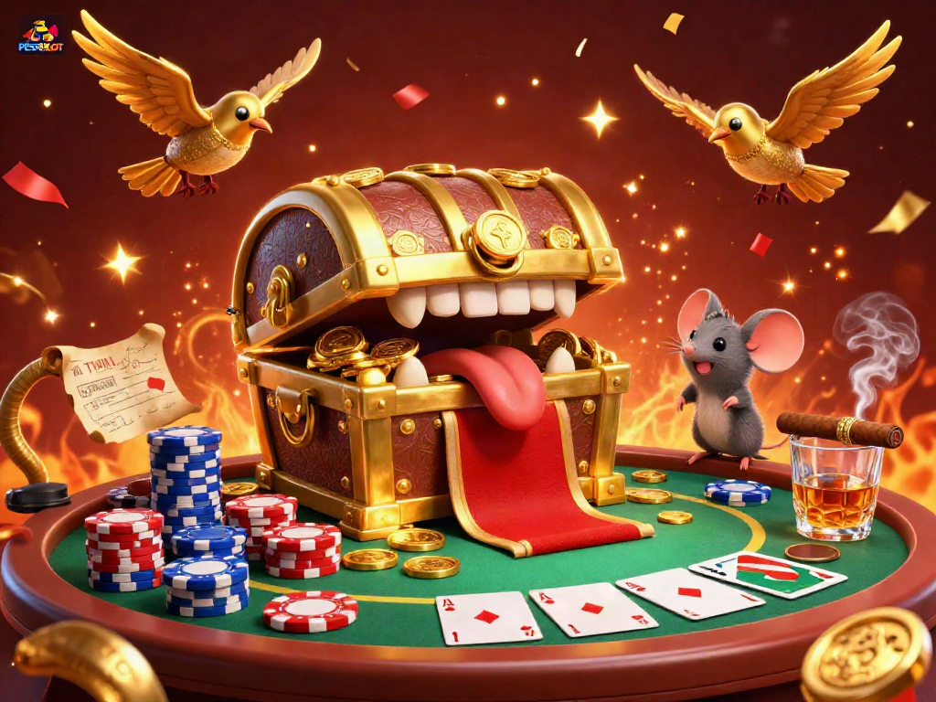 Win big with PESGSLOT at a vibrant casino scene featuring adventurous mice and a golden treasure chest.