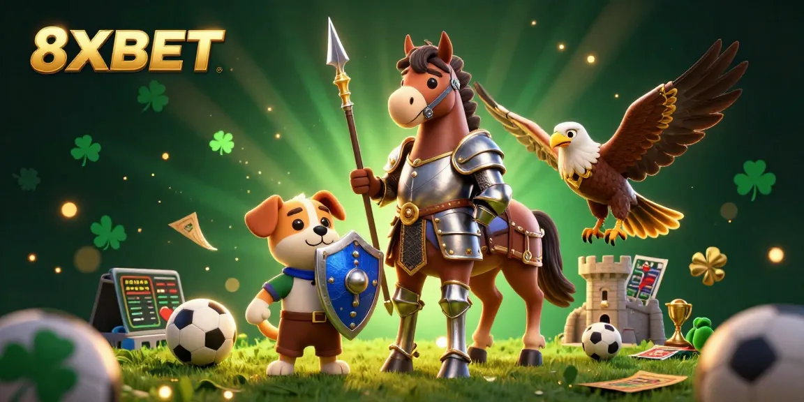 Bet on the excitement with 8XBET featuring knights and sports elements in a vibrant illustrated scene.