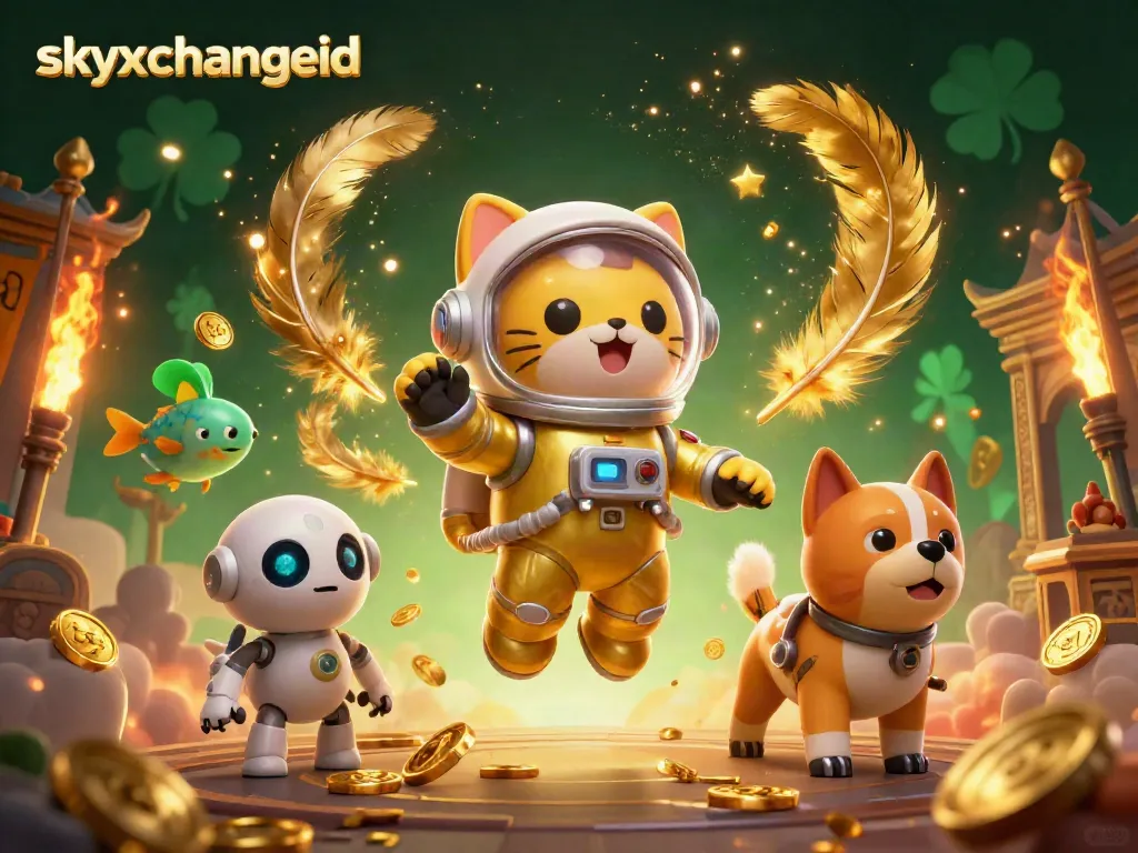 Experience thrilling betting adventures with skyxchangeid, featuring a golden astronaut cat, rocket dog, and cosmic elements.