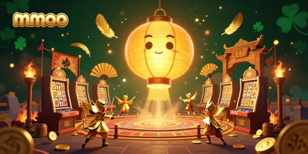 Engage with mmoo at a lively casino featuring golden lanterns, slot machines, and warrior companions.