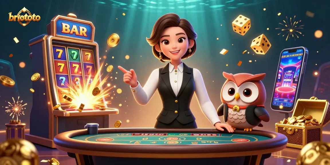 Briototo casino scene featuring an Asian dealer and owl assistant at a baccarat table bursting with slot jackpot excitement.