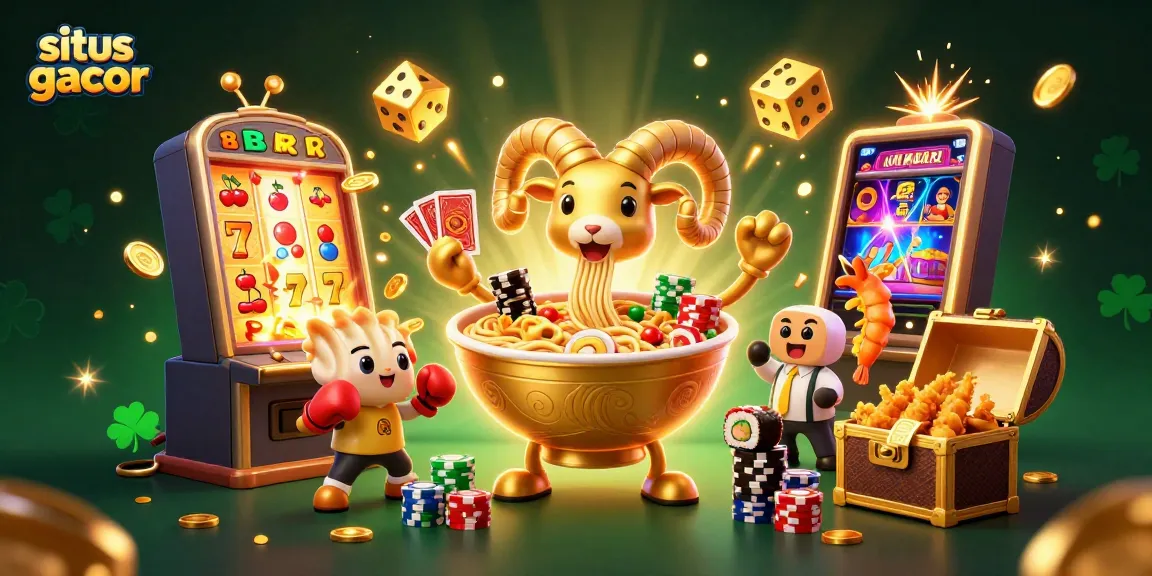 Engaging scene depicting situs gacor with a golden ramen bowl dealer surrounded by vibrant casino elements.
