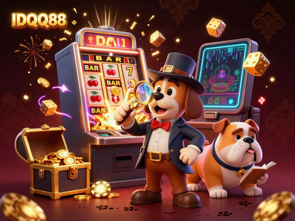 Experience the excitement of IDQQ88 with a 3D detective scene surrounded by casino elements and treasures.