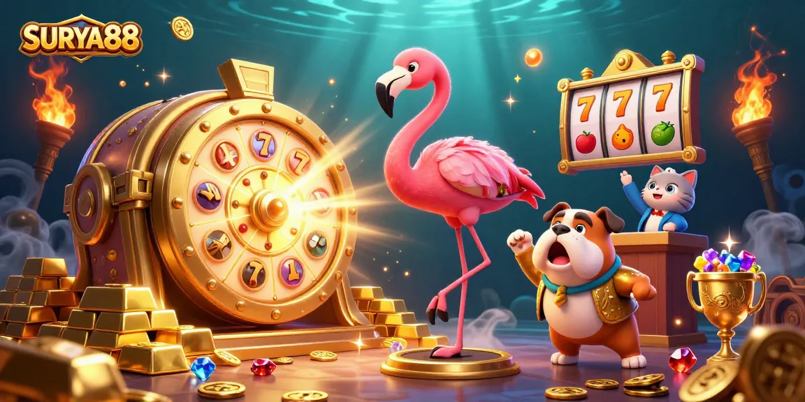 SURYA88 showcases exciting slot games with a cartoon flamingo host, vibrant treasures, and dynamic animation.
