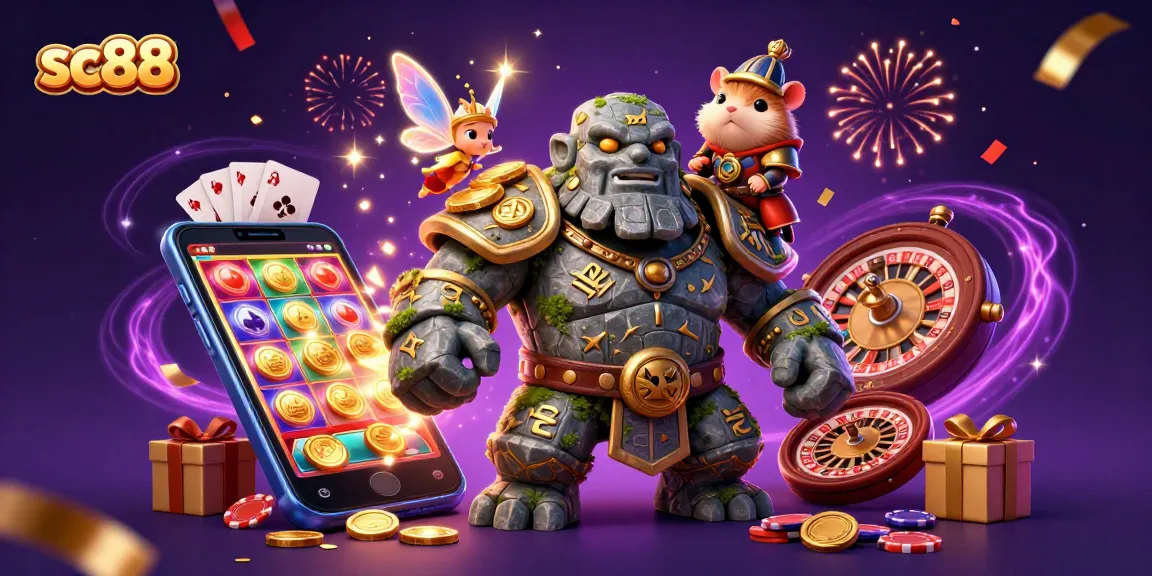 sc88 slots come alive with a magical golem guardian, fairy, and hamster knight amidst jackpot elements