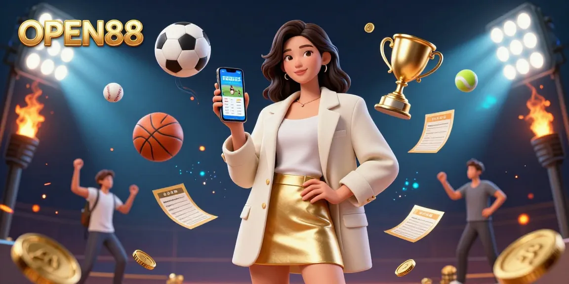 Engage with OPEN88's thrilling sports betting scene featuring an Asian woman showcasing a betting app.