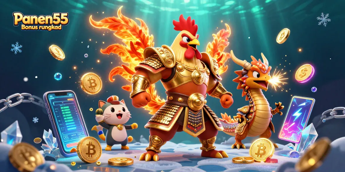Engage with Panen55 Bonus rungkad through an exciting 3D illustration of casino characters and crypto elements.