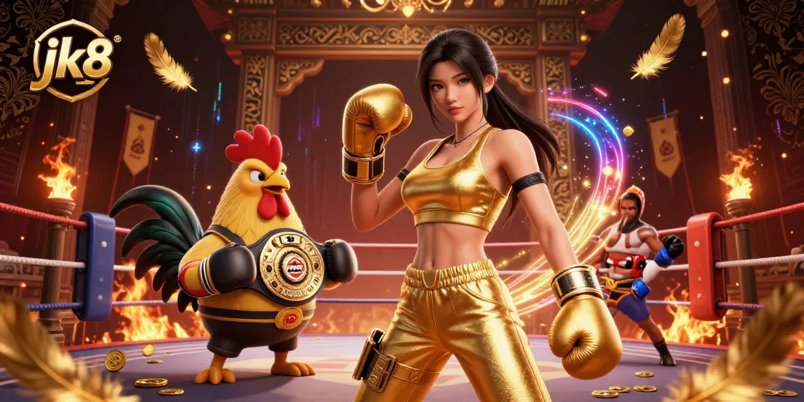 Experience thrilling gaming action with jk8 as a woman in sportswear and a championship rooster energize the scene.