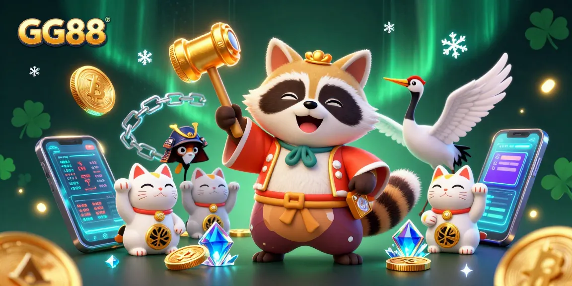 Engage in thrilling gaming action at GG88 with unique casino characters and vibrant cryptocurrency elements.