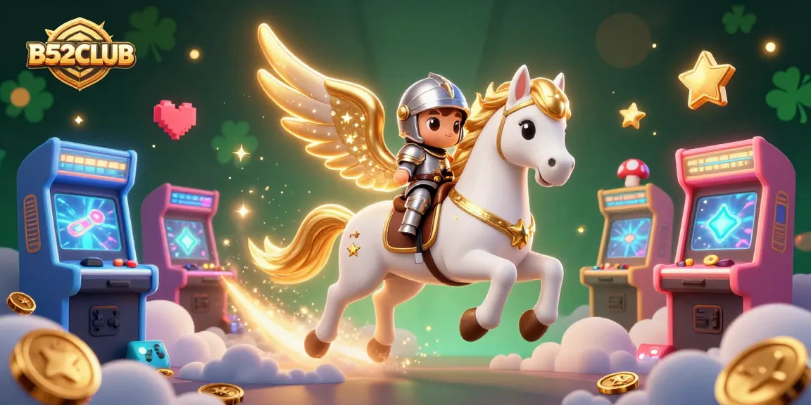 B52CLUB’s vibrant casino-themed illustration featuring a celestial horse and knight, immersed in dazzling game elements.