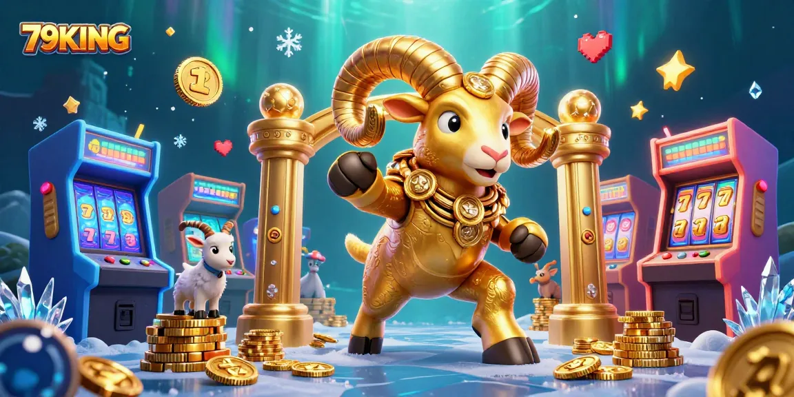 Intense 79KING gaming scene featuring a golden ram charging through a vibrant arcade setting.