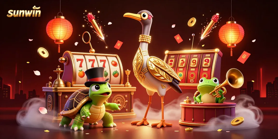 Play exciting games at sunwin with a dazzling 3D illustration showcasing vibrant casino elements.