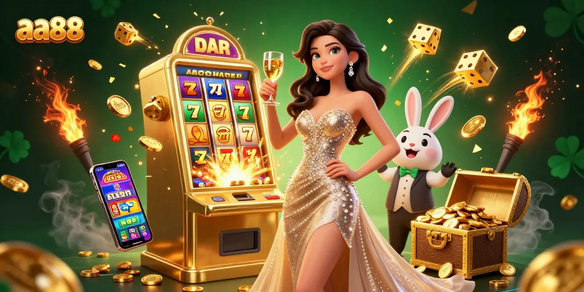 Experience the thrill of casino gaming with aa88, a vibrant scene featuring exciting slot action and lively characters.