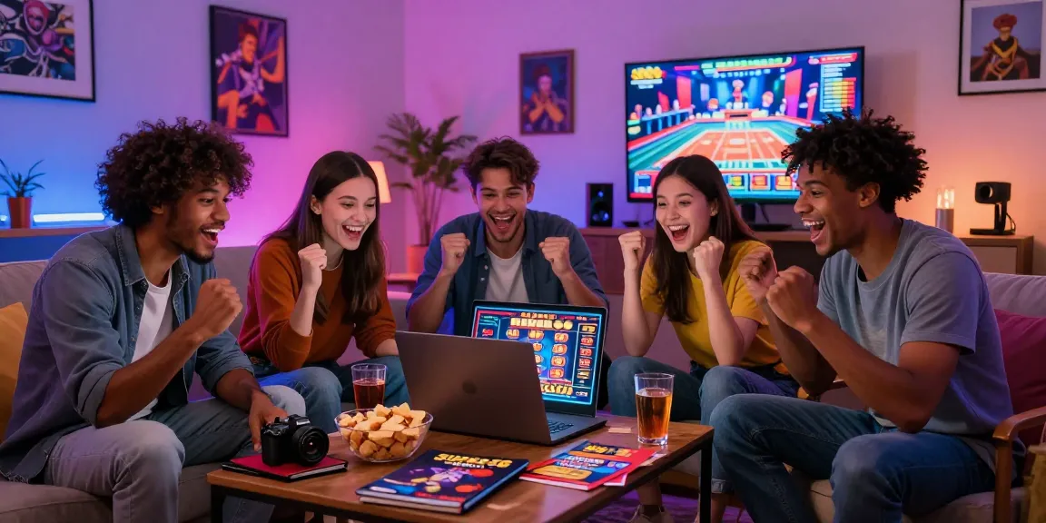 Kelompok teman menikmati permainan slot online Super59 di ruang tamu yang nyaman