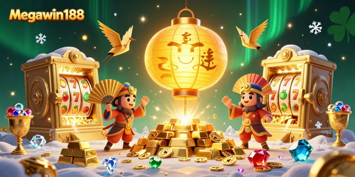 Raih keberuntungan dengan megawin188, ilustrasi kasino online dengan lentera emas yang nakal.