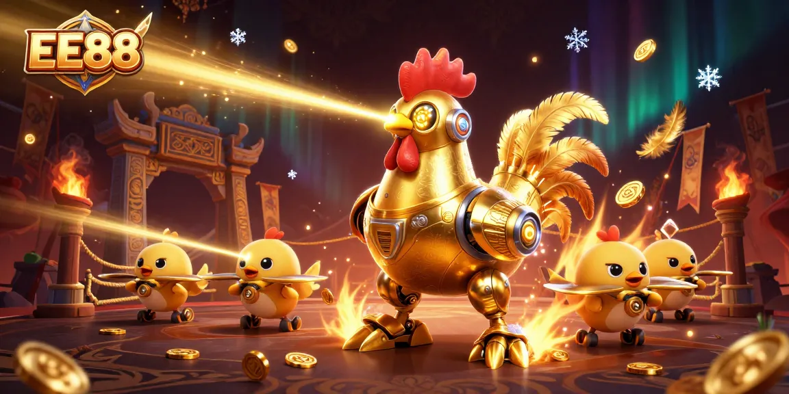 EE88 showcases an exciting casino scene with golden rooster robot and baby chick drones in action.