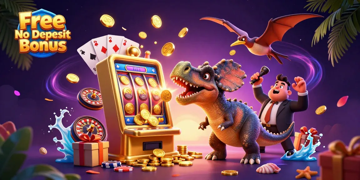 Experience the thrill of Free No Deposit Bonus with a pachycephalosaurus winning jackpots while casino chaos unfolds.