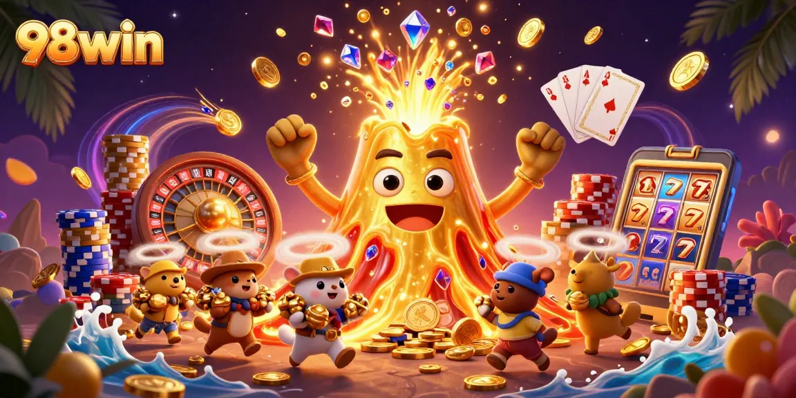 Experience gaming excitement with 98win's dynamic casino scene showcasing treasures and games.