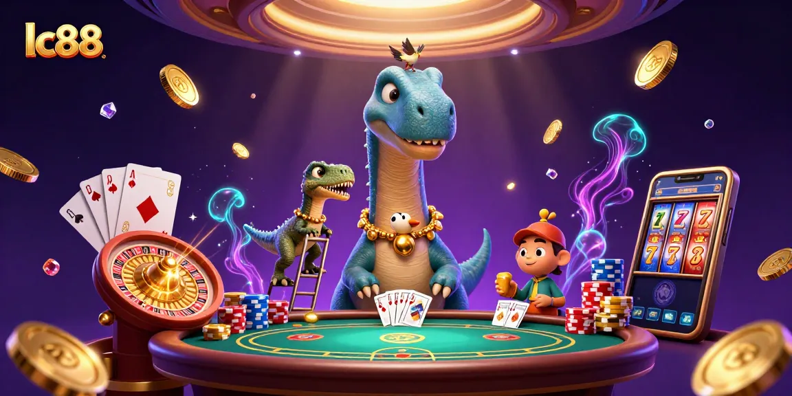 Experience the excitement of lc88 with vibrant casino characters and dynamic gaming elements in this playful illustration.