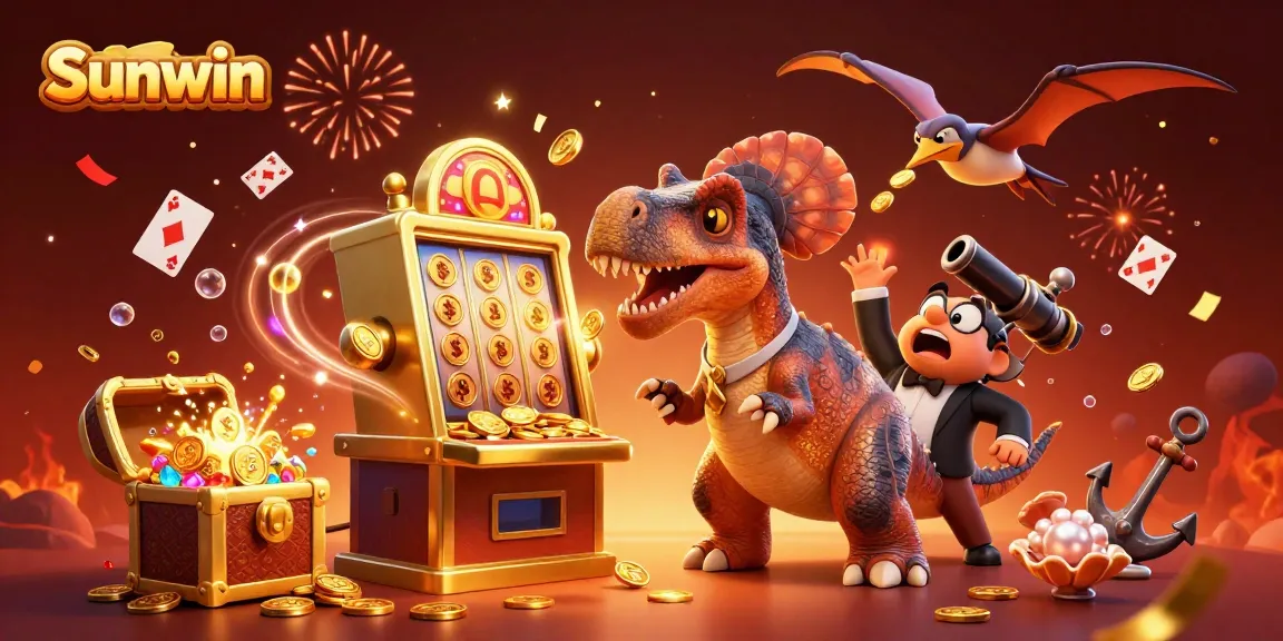 Sunwin showcases a pachycephalosaurus celebrating a jackpot win, surrounded by vibrant casino elements.