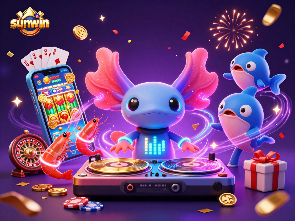 Experience excitement with sunwin's vibrant casino scene featuring animated characters and colorful slot games.