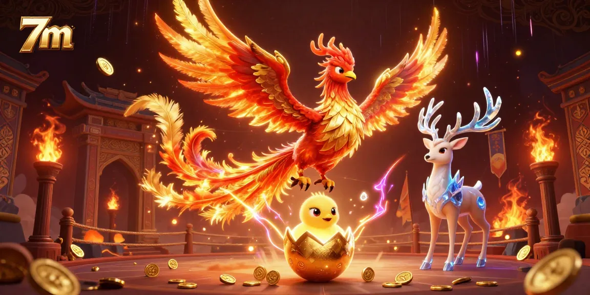 Watch the vibrant scene of 7m characters as they bet amidst a golden phoenix’s blaze and mystical stag.
