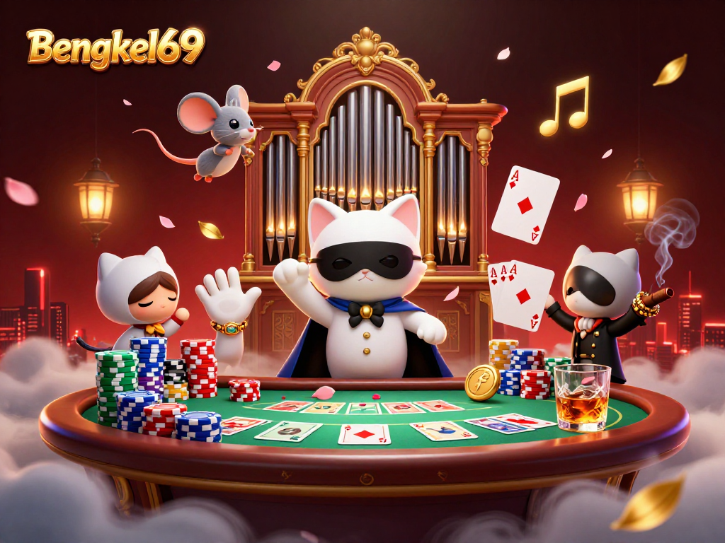 Bengkel69 showcases a lively casino scene with a masked cat, acrobat mouse, and poker elements.