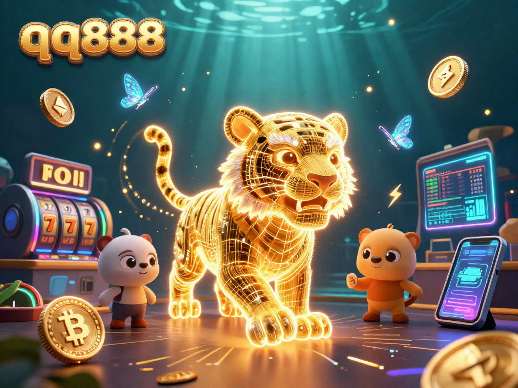 Engage with the thrilling atmosphere of qq888 as a neon-tiger explores a vibrant digital casino.
