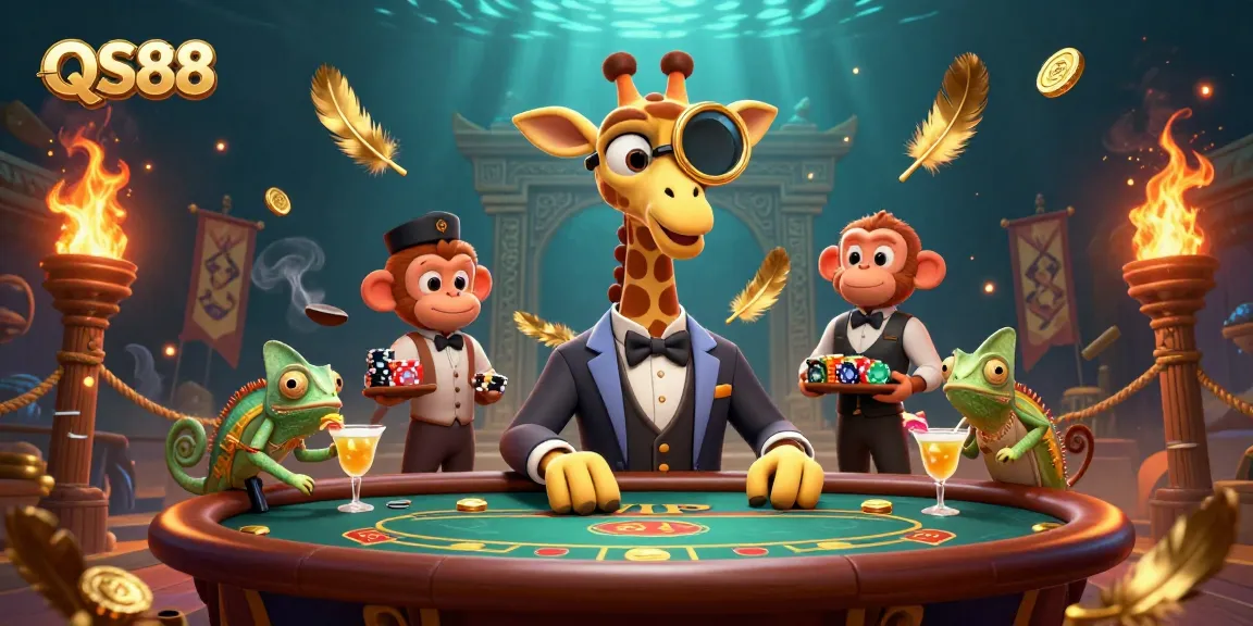 Experience the thrill of QS88 through a vibrant casino scene with a high-roller giraffe, monkey valet, and chameleon bartender.