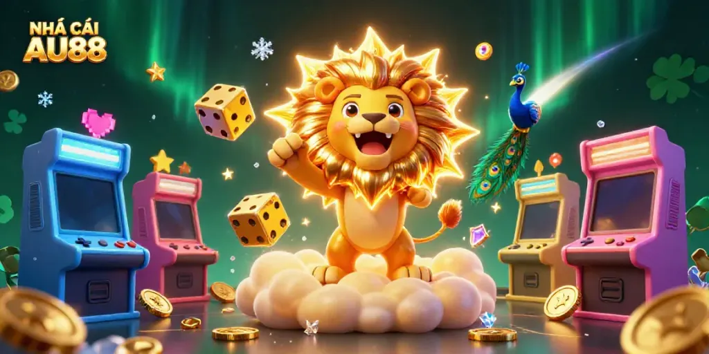 Witness the fun gaming vibe at NHÀ CÁI AU88 with a vibrant casino illustration featuring dynamic characters.