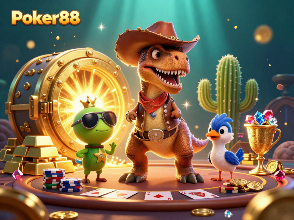 Experience thrilling poker action at Poker88 with 3D cartoon characters and vibrant casino elements.